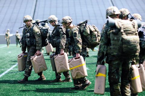 Members from last year's Austin Peay State University Ranger Challenge team including Walt Higbee, far left, and Daniel Cole, third from left, compete at the Sandhurst competition. (APSU)