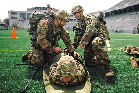 Members from last year's Austin Peay State University Ranger Challenge team including Walt Higbee, left, compete at the Sandhurst competition. (APSU)