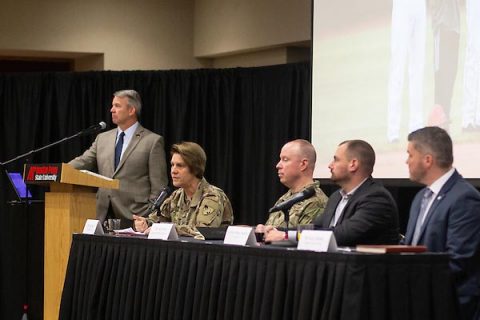 Retired Brig. Gen. Scott E. Brower, Austin Peay State University military advisor in residence, moderates a panel. (APSU) Retired Brig. Gen. Scott E. Brower, Austin Peay State University military advisor in residence, moderates a panel. (APSU)