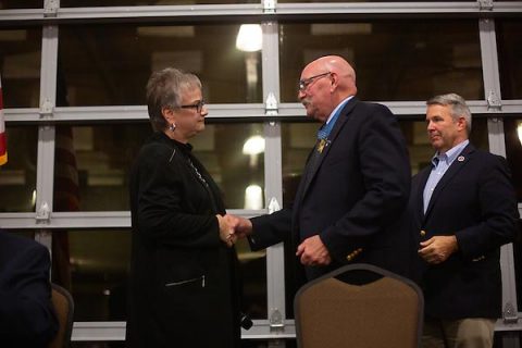 Austin Peay State University President Alisa White meets Congressional Medal of Honor recipient Gary Beikirch. (APSU)