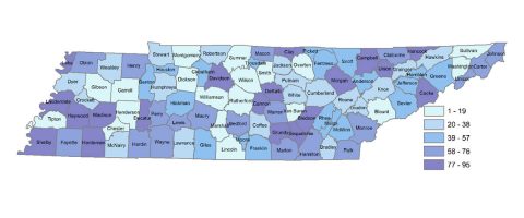 Tennessee map with Tennessee county child well-being ranks shown by quintile. 