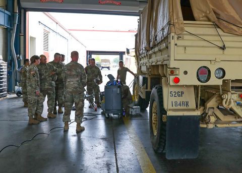 Members of the 101st Sustainment Brigade command team visit the 584th Support Maintenance Company to get a better understanding of Operation Eagle Wrench. The operation is an effort to improve vehicle and maintenance readiness across the 101st Airborne Division (Air Assault). (Sgt. Aimee Nordin, 101st Airborne Division (AA) Sustainment Brigade Public Affairs)