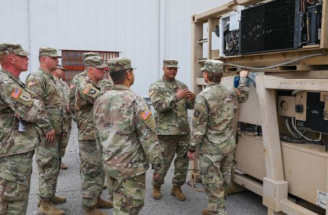 Chief Warrant Officer 4 Langston Washington (middle right), senior warrant officer, 101st Sustainment Brigade, 101st Airborne Division (Air Assault), describes to 101st Sust. Bde. senior leaders the various equipment Soldiers are using as the conduct vehicle maintenance. Col. Stephanie Barton (right), commander, 101st Sust. Bde, 101st Abn. Div. attended the tour to ensure the Soldiers has everything they need to be successful during the mission. (Sgt. Aimee Nordin, 101st Airborne Division (AA) Sustainment Brigade Public Affairs) Chief Warrant Officer 4 Langston Washington (middle right), senior warrant officer, 101st Sustainment Brigade, 101st Airborne Division (Air Assault), describes to 101st Sust. Bde. senior leaders the various equipment Soldiers are using as the conduct vehicle maintenance. Col. Stephanie Barton (right), commander, 101st Sust. Bde, 101st Abn. Div. attended the tour to ensure the Soldiers has everything they need to be successful during the mission. (Sgt. Aimee Nordin, 101st Airborne Division (AA) Sustainment Brigade Public Affairs)