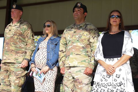 From left to right, Lt. Col. Brian Mulhern and Command Sgt. Maj. Hector Valleortiz 4th Battalion, 5th Special Forces Group (Airborne), posed with their spouse at a Change of Responsibility on Fort Campbell, Ky. Oct. 4, 2019. The Change of Responsibility is a ceremony in which previous commands relinquish authority and responsibility to a new command. (Sgt. Christopher Richardson)