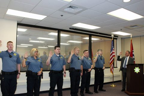 Montgomery County Sheriff John Fuson swears in Tyler Lee, Brian Patridge, Zachary Tomer, Krystal Wayman, and Ethan Wilkerson at a commencement ceremony Friday, September 27th.