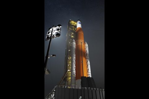 An illustration of NASA’s Space Launch System (SLS) in the Block 1 configuration, which will carry an Orion spacecraft beyond the Moon, on the mobile launcher. SLS is the only rocket that can send the Orion spacecraft, astronauts and supplies to the Moon on a single mission. (NASA)