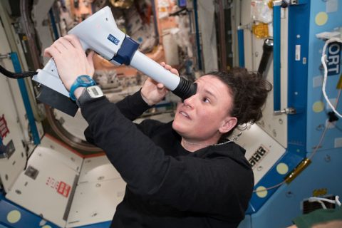 NASA astronaut Serena Auñón-Chancellor conducts an eye exam aboard the space station, part of ongoing crew health maintenance activities. (NASA)