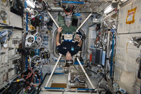 ESA astronaut Thomas Pesquet performing the Gravitational References for Sensimotor Performance (GRASP) experiment, which looks at how the central nervous system integrates information from different sensations. This investigation provides further insight into how the brain adapts to the lack of traditional up and down in microgravity. (NASA)