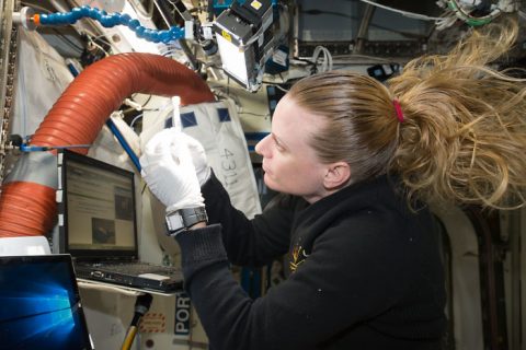 NASA Astronaut Kate Rubins prepares the Biomolecule Sequencer experiment, which first demonstrated DNA sequencing in a spacecraft. Space-based DNA sequencing can identify microbes, diagnose diseases and monitor crew member health, as well as potentially help detect DNA-based life elsewhere in the solar system. (NASA)