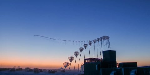 This time-lapse photo from Sept. 9, 2019, shows the flight path of an ozonesonde as it rises into the atmosphere over the South Pole from the Amundsen-Scott South Pole Station. Scientists release these balloon-borne sensors to measure the thickness of the protective ozone layer high up in the atmosphere. (Robert Schwarz/University of Minnesota)