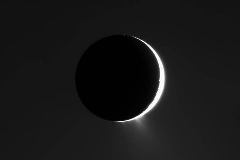 In this image captured by NASA's Cassini spacecraft in 2007, the plumes of Enceladus are clearly visible. The moon is nearly in front of the Sun from Cassini's viewpoint. (NASA/JPL/Space Science Institute) In this image captured by NASA's Cassini spacecraft in 2007, the plumes of Enceladus are clearly visible. The moon is nearly in front of the Sun from Cassini's viewpoint. (NASA/JPL/Space Science Institute)