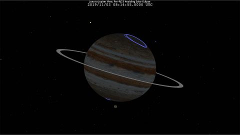 This picture depicts the point of view of NASA's Juno spacecraft during its eclipse-free approach to the gas giant November 3rd, 2019. The Sun is depicted as the yellow dot rising up just to left of the planet. (NASA/JPL-Caltech/SWRI) This picture depicts the point of view of NASA's Juno spacecraft during its eclipse-free approach to the gas giant November 3rd, 2019. The Sun is depicted as the yellow dot rising up just to left of the planet. (NASA/JPL-Caltech/SWRI)
