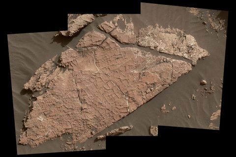 The network of cracks in this Martian rock slab called "Old Soaker" may have formed from the drying of a mud layer more than 3 billion years ago. The view spans about 3 feet (90 centimeters) left-to-right and combines three images taken by the MAHLI camera on the arm of NASA's Curiosity Mars rover. (NASA/JPL-Caltech/MSSS) The network of cracks in this Martian rock slab called "Old Soaker" may have formed from the drying of a mud layer more than 3 billion years ago. The view spans about 3 feet (90 centimeters) left-to-right and combines three images taken by the MAHLI camera on the arm of NASA's Curiosity Mars rover. (NASA/JPL-Caltech/MSSS)