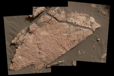 The network of cracks in this Martian rock slab called "Old Soaker" may have formed from the drying of a mud layer more than 3 billion years ago. The view spans about 3 feet (90 centimeters) left-to-right and combines three images taken by the MAHLI camera on the arm of NASA's Curiosity Mars rover. (NASA/JPL-Caltech/MSSS)