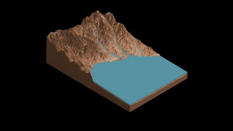 This illistration shows the salty ponds and streams that scientists think may have been left behind as Gale Crater dried. The bottom of the image is the floor of Gale Crater, with the peak being the side of Mount Sharp. (ASU Knowledge Enterprise Development (KED), Michael Northrop)