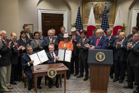 U.S. Trade Representative Ambassador Robert Lighthizer and Japanese Ambassador to the United States Shinsuke Sugiyama display their signatures after signing the U.S.-Japan Trade Agreement and the U.S.-Japan Digital Trade Agreement. (Tia Dufour)