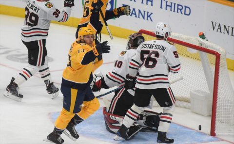 Nick Bonino scores a natural hat-trick against the Chicago Blackhawks for the 3-0 win in Nashville.&nbsp; (Michael Strasinger)