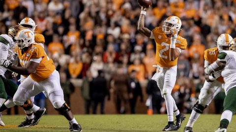 Tennessee Football quarterback Jarrett Guarantano threw for 147 yards and a touchdown in Saturday nights win over UAB at Neyland Stadium. (UT Athletics)