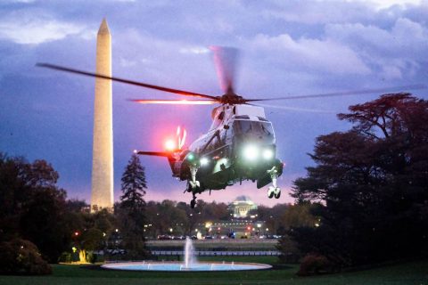 Marine One, carrying President Donald J. Trump and First Lady Melania Trump, approaches for landing on the South Lawn of the White House. (Joyce N. Boghosian, Official White House)