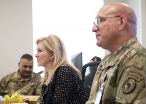 U.S. Army Maj. Gen. Michael Turello, commanding general, Combined Joint Task Force-Horn of Africa (CJTF-HOA), briefs Sen. Marsha Blackburn (R-Tenn.) about the CJTF-HOA mission at Camp Lemonnier, Djibouti. Blackburn visited Djibouti to promote U.S. Government and host nation partnerships in the region. (Staff Sgt. J.D. Strong II)