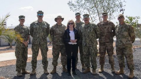 Sen. Marsha Blackburn (R-Tenn.) poses for a photo with service members from Tennessee at Camp Lemonnier, Djibouti,. Blackburn visited Djibouti to promote U.S. Government and host nation partnerships in the region. (Staff Sgt. J.D. Strong II)