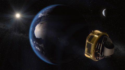 This artist's concept shows the European Space Agency's ARIEL spacecraft on its way to Lagrange Point 2 (L2) - a gravitationally stable, Sun-centric orbit - where it will be shielded from the Sun and have a clear view of the sky. NASA's JPL will manage the mission's CASE instrument. (ESA/STFC RAL Space/UCL/Europlanet-Science Office)