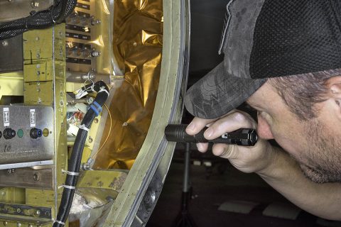 Ground crewman at NASA’s Armstrong Flight Research Center in Palmdale, CA install a rail to support the Autonomous, Robotic Telescope Mount Instrument Subsystem, which is part of air-LUSI and has a camera that scans the sky to find the Moon. (NASA Photo / Ken Ulbrich)