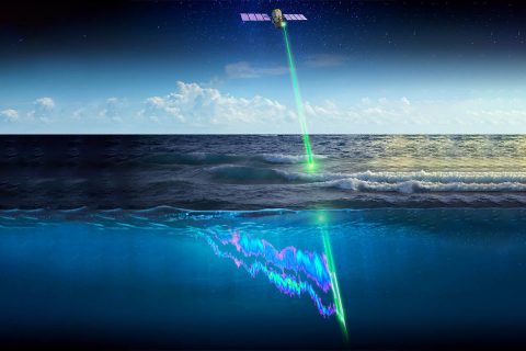 Researchers used the space-based CALIPSO lidar to measure the planet’s largest animal migration, which takes place when small sea creatures swim up from the depths at night to feed on phytoplankton, then back down again just before sunrise. (NASA/Timothy Marvel)