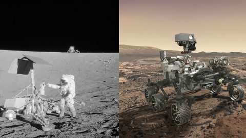 (Left) Apollo 12 astronaut Charles "Pete" Conrad Jr. stands beside NASA's Surveyor 3 spacecraft; the lunar module Intrepid can be seen in the distance. Apollo 12 landed on the Moon's Ocean of Storms on Nov. 20, 1969. (Right) Mars 2020 rover, seen here in an artist's concept, will make history's most accurate landing on a planetary body when it lands at Mars' Jezero Crater on Feb. 18, 2021. (NASA/JPL-Caltech)