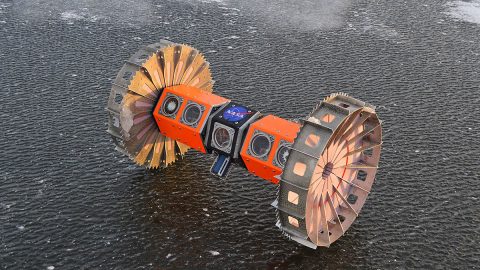 BRUIE will spend the next month testing its endurance in the icy waters near Casey Station, Antarctica. The rover uses its buoyancy to anchor itself to the ice and roll along it upside down on two wheels. (NASA)