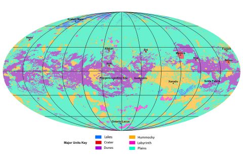 The first global geologic map of Titan is based on radar and visible-light images from NASA's Cassini mission, which orbited Saturn from 2004 to 2017. Labels point to several of the named surface features. (NASA/JPL-Caltech/ASU) The first global geologic map of Titan is based on radar and visible-light images from NASA's Cassini mission, which orbited Saturn from 2004 to 2017. Labels point to several of the named surface features. (NASA/JPL-Caltech/ASU)