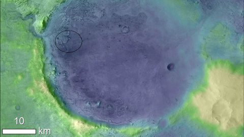 NASA's Mars 2020 Will Hunt for Microscopic Fossils Lighter colors represent higher elevation in this image of Jezero Crater on Mars, the landing site for NASA's Mars 2020 mission. The oval indicates the landing ellipse, where the rover will be touching down on Mars. (NASA)