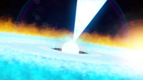 Illustration depicting a Type I X-ray burst. The explosion first blows off the hydrogen layer, which expands and ultimately dissipates. Then rising radiation builds to the point where it blows off the helium layer, which overtakes the expanding hydrogen. Some of the X-rays emitted in the blast scatter off of the accretion disk. The fireball then quickly cools, and the helium settles back onto the surface. (NASA's Goddard Space Flight Center/Chris Smith (USRA))