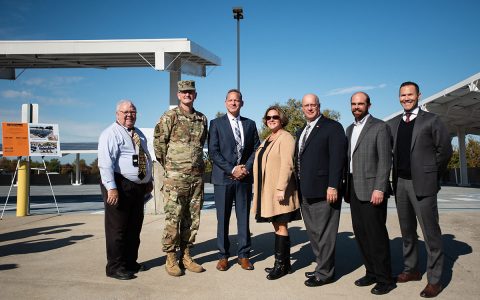 (L to R) Danny Brown, Energy Manager for the Tenn. Army National Guard, Col. Andy Milligan, Construction Facilities Management Officer, Tenn. Army National Guard, Richard Hunter, SLS Energy Solutions, Kathy Glapa, Tenn. Dept. of Environment and Conservation, Todd Smith, SLS Energy Solutions, Chris Koczaja, President of Lightwave Solar and Adam Glod of SLS Energy Solutions pose for a picture after the unveiling of a state-of-the art Solar Photovoltaic system at the Joint Force Headquarters, Tenn. National Guard in Nashville, November 6, 2019. (Sgt. Robert Mercado) (L to R) Danny Brown, Energy Manager for the Tenn. Army National Guard, Col. Andy Milligan, Construction Facilities Management Officer, Tenn. Army National Guard, Richard Hunter, SLS Energy Solutions, Kathy Glapa, Tenn. Dept. of Environment and Conservation, Todd Smith, SLS Energy Solutions, Chris Koczaja, President of Lightwave Solar and Adam Glod of SLS Energy Solutions pose for a picture after the unveiling of a state-of-the art Solar Photovoltaic system at the Joint Force Headquarters, Tenn. National Guard in Nashville, November 6, 2019. (Sgt. Robert Mercado)
