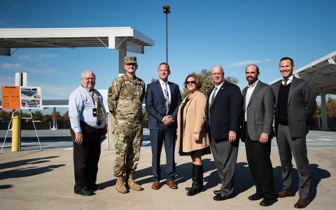 (L to R) Danny Brown, Energy Manager for the Tenn. Army National Guard, Col. Andy Milligan, Construction Facilities Management Officer, Tenn. Army National Guard, Richard Hunter, SLS Energy Solutions, Kathy Glapa, Tenn. Dept. of Environment and Conservation, Todd Smith, SLS Energy Solutions, Chris Koczaja, President of Lightwave Solar and Adam Glod of SLS Energy Solutions pose for a picture after the unveiling of a state-of-the art Solar Photovoltaic system at the Joint Force Headquarters, Tenn. National Guard in  Nashville, November 6, 2019. (Sgt. Robert Mercado)