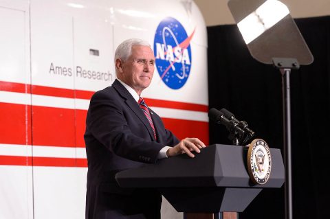 U.S. Vice President Mike Pence speaks at the Vertical Motion Simulator facility at NASA’s Ames Research Center in California’s Silicon Valley on Thursday, Nov. 14, 2019. (NASA/Dominic Hart)