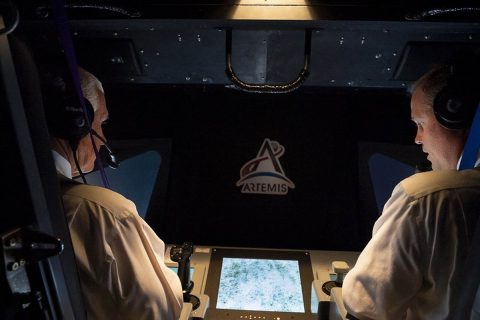 U.S. Vice President Mike Pence (left) and NASA Administrator Jim Bridenstine (right) in the Vertical Motion Simulator at NASA's Ames Research Center in Silicon Valley. (Myles Cullen, Official White House Photo)