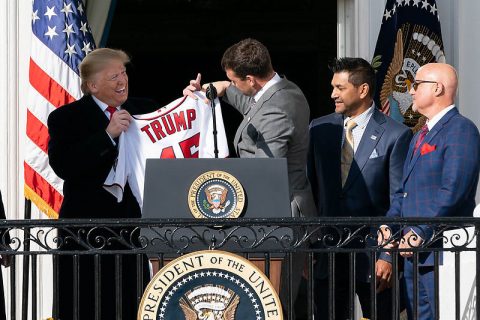 President Donald J. Trump is presented with a jersey from the 2019 World Series champion Washington Nationals. (Andrea Hanks. Official White House Photo)