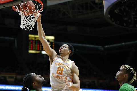 Tennessee Men's Basketball freshman Olivier Nkamhoua earns his first career double-double with season-high 11 points and a season-high 13 rebounds. (UT Athletics) Tennessee Men's Basketball freshman Olivier Nkamhoua earns his first career double-double with season-high 11 points and a season-high 13 rebounds. (UT Athletics)