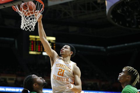 Tennessee Men's Basketball freshman Olivier Nkamhoua earns his first career double-double with season-high 11 points and a season-high 13 rebounds. (UT Athletics)