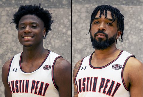 Austin Peay State University men's basketball players (L to R) Terry Taylor and Jordyn Adams receive OVC awards. (APSU Sports Information)