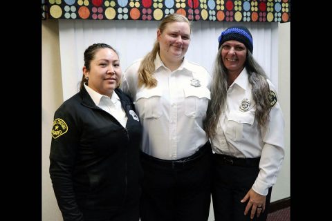 Clarksville Crossing Guards, from left, Vanna Gibson, Raphaela Velasquez and Barbie Hemmingsen recently visited City Hall to appeal for community help in getting drivers to behave in school zones.