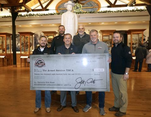 Pictured from L-R (front row): Brown-Forman’s Mike Galvin, Charlie Williams, COO ASYMCA, Jack Daniel’s Master Distiller Jeff Arnett and Assistant Master Distiller Chris Fletcher, (Back Row) Jack Daniel’s National Sponsorship Director Greg Luehrs and Director of Lynchburg Homeplace, Steve May, recently presented a check in the amount of $22,842.50 to the Armed Services YMCA at the Jack Daniel’s Visitor Center in Lynchburg, TN.