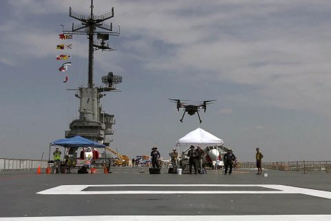 The retired USS Lexington aircraft carrier – now on display at Corpus Christi, Texas – was one of the sites where NASA and industry researchers during 2019 demonstrated increasingly complex traffic management capabilities flying Unmanned Aircraft Systems. (NASA)