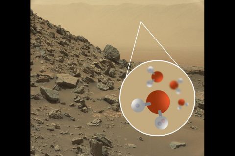 Image of a sloping hillside from the Mars Curiosity rover and an illustration of deuterated water molecules, called HDO instead of H2O because one of its hydrogen atoms has an extra neutrally charged particle. Infrared observations can study these particles that retrace the history of liquid water because the heavier molecules are more likely to remain even after liquid water has evaporated. (NASA/JPL-Caltech/MSSS/SOFIA)