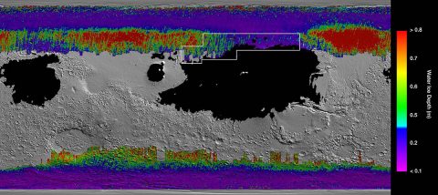 This rainbow-colored map shows underground water ice on Mars. Cool colors are closer to the surface than warm colors; black zones indicate areas where a spacecraft would sink into fine dust; the outlined box represents the ideal region to send astronauts for them to dig up water ice. (NASA/JPL-Caltech/ASU)