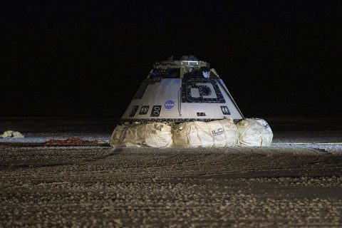 The Boeing CST-100 Starliner spacecraft is seen after it landed in White Sands, New Mexico, Sunday, December 22nd, 2019. The landing completes an abbreviated Orbital Flight Test for the company that still meets several mission objectives for NASA’s Commercial Crew program. (NASA/Bill Ingalls)