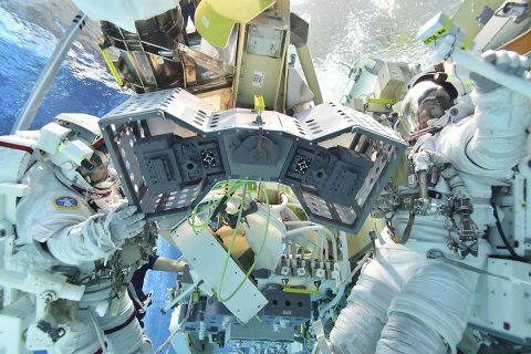 RiTS spacewalk install procedures being tested in the Neutral Buoyancy Lab at NASA's Johnson Space Center in Houston. (NASA)