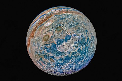 "A mind of limits, a camera of thoughts" is the name of this contribution from citizen scientist Prateek Sarpal. Jupiter inspires artists and scientists with its beauty. In this image, south is up, and the enhanced color evokes an exotic marble and childhood joy. (NASA/JPL-Caltech/SwRI/MSSSImage processing by Prateek Sarpal, copyright CC NC SA)