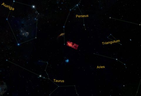 This image from NASA'S Spitzer Space Telescope shows the location and apparent size of the Perseus Molecular Cloud in the night sky. Located on the edge of the Perseus Constellation, the collection of gas and dust is about 1,000 light-years from Earth and about 500 light-years wide. (NASA/JPL-Caltech)